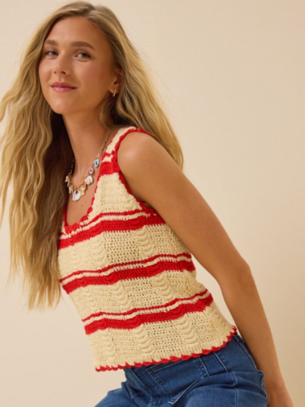 Patriotic Red & Cream Stripe Crochet Knit Tank Top beachy Coastal Fourth of July